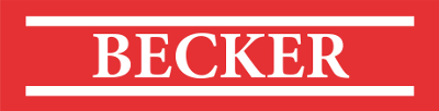 Ein rotes Rechteck mit dem weißen Text "BECKER" und zwei weißen Linien darüber und darunter.
