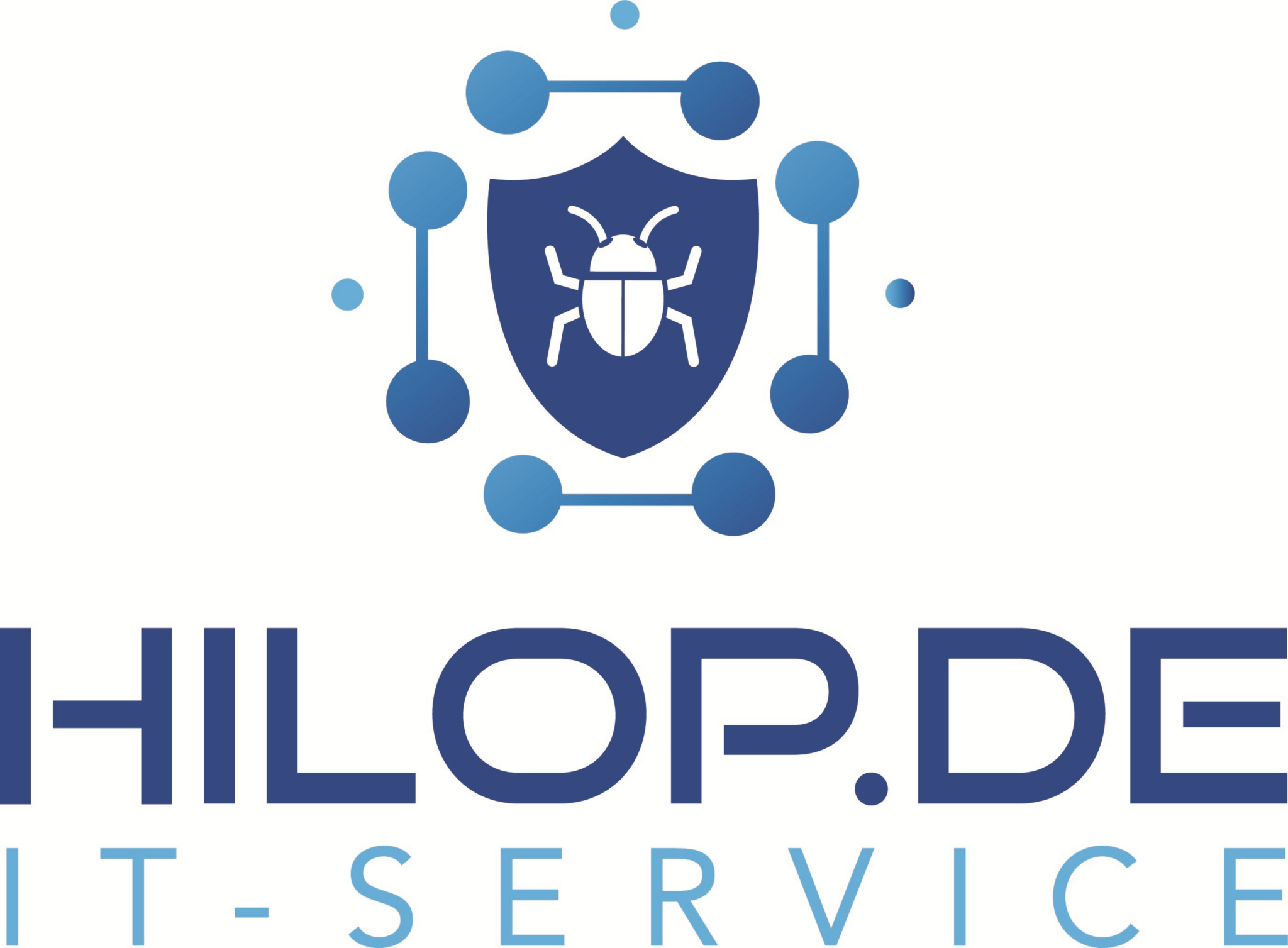 Logo von "hilop.de IT-SERVICE" mit einem blauen Schild, auf dem ein weißer Käfer abgebildet ist, umgeben von blauen Kreisen und Linien.
